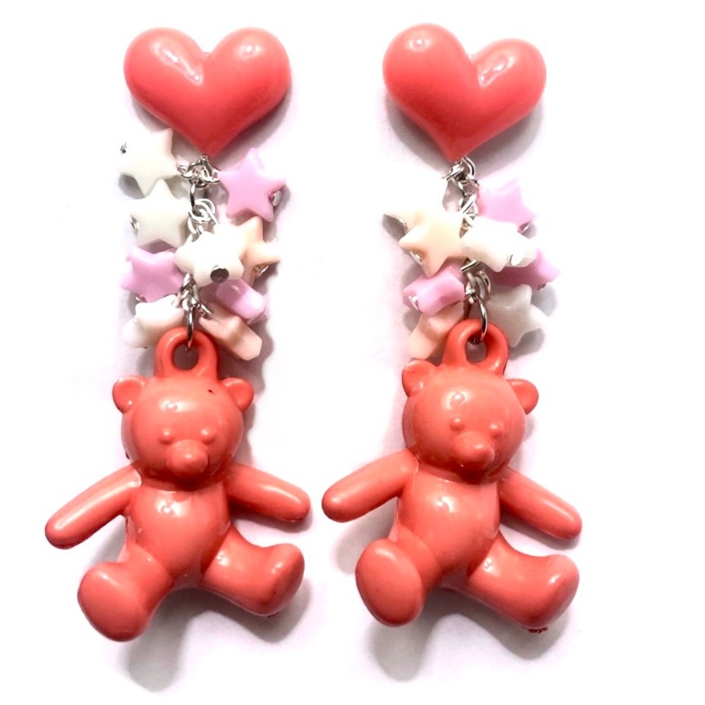 Chunky teddy star heart love peach 🍑 earrings fun long y2k Kawaii statement - Picture 1 of 3